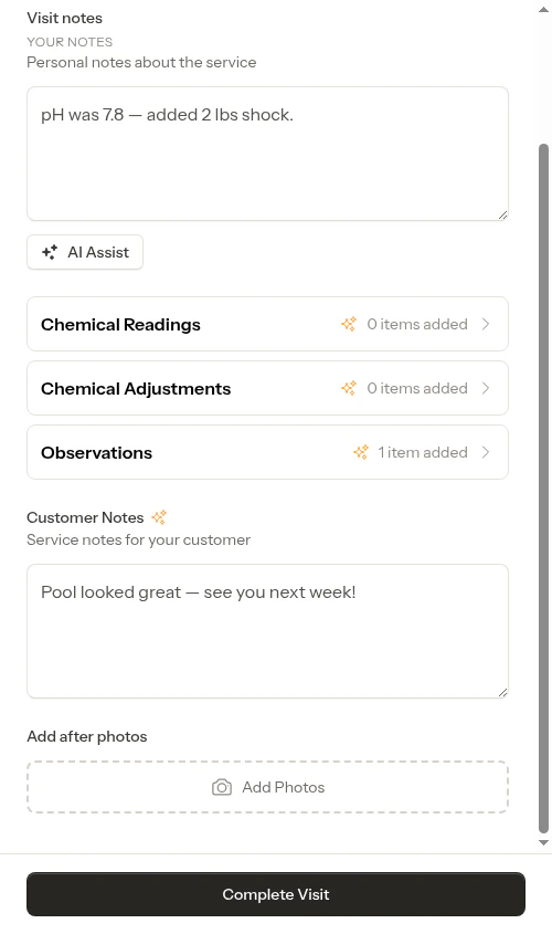 Completion form with autosaved notes and an observation entry
