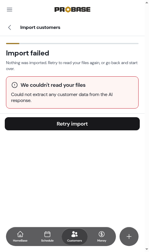 An import that stopped promptly with a clear failure message