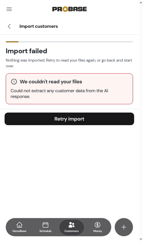 An import that stopped promptly with a clear failure message