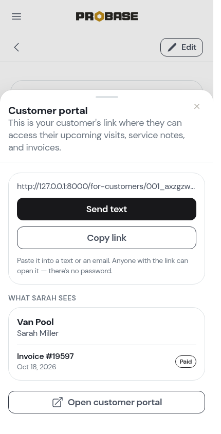 The customer portal sheet with Send text