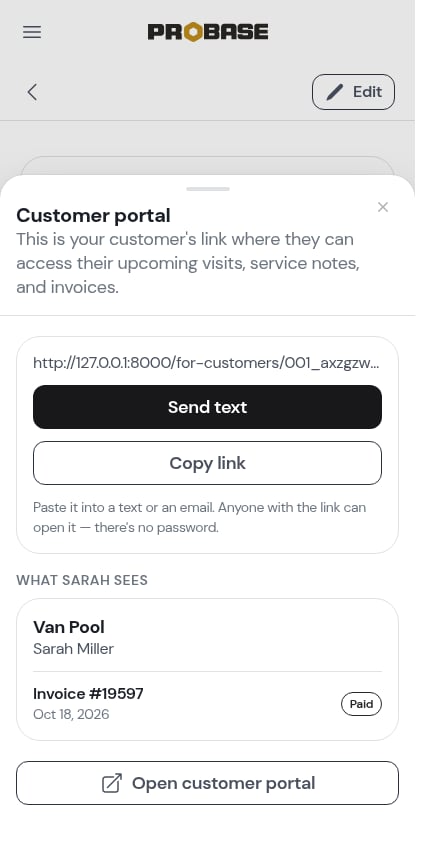 The customer portal sheet with Send text