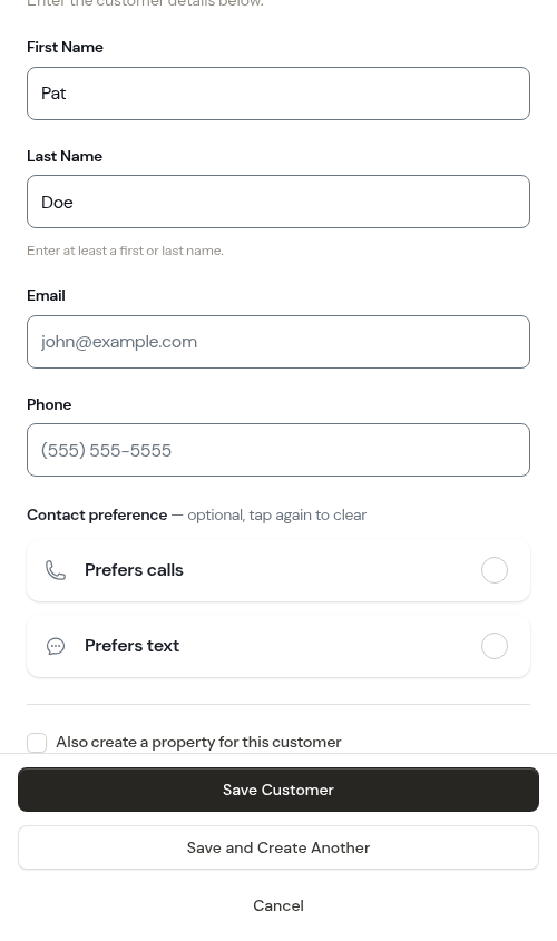 Customer saved with just a name and no phone number
