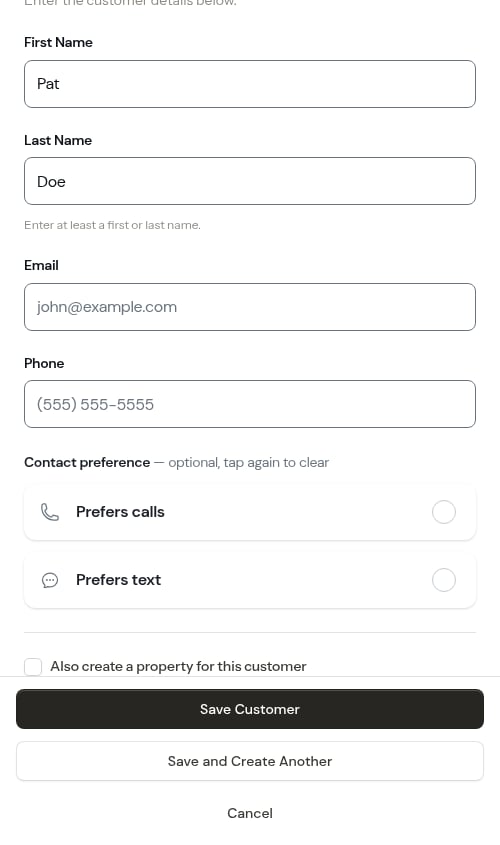 Customer saved with just a name and no phone number