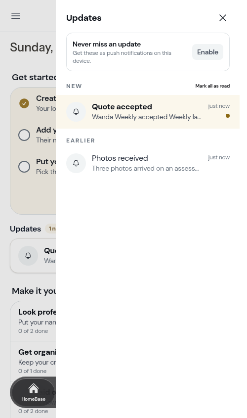 The Updates drawer, where a new marketplace customer is announced