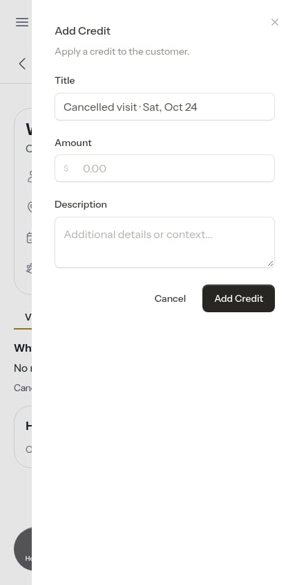 The credit form prefilled from the cancel