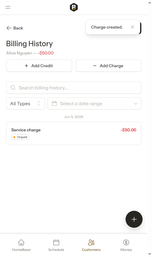 Charge created in billing history