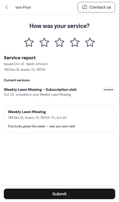 Service review screen for a completed visit