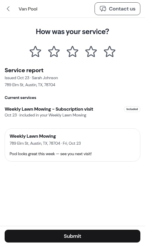 Service review screen for a completed visit