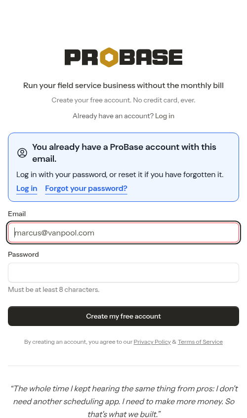 The You already have a ProBase account notice on the signup page