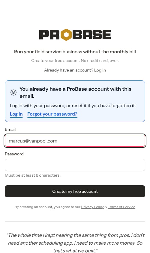 The You already have a ProBase account notice on the signup page