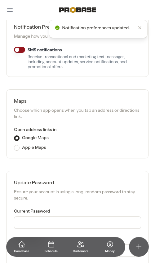 Notification preferences saved after toggling SMS off