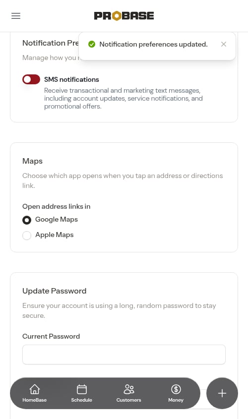 Notification preferences saved after toggling SMS off