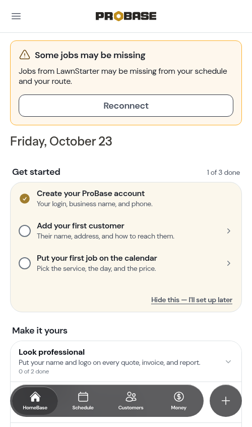 The reconnect warning above the date on HomeBase