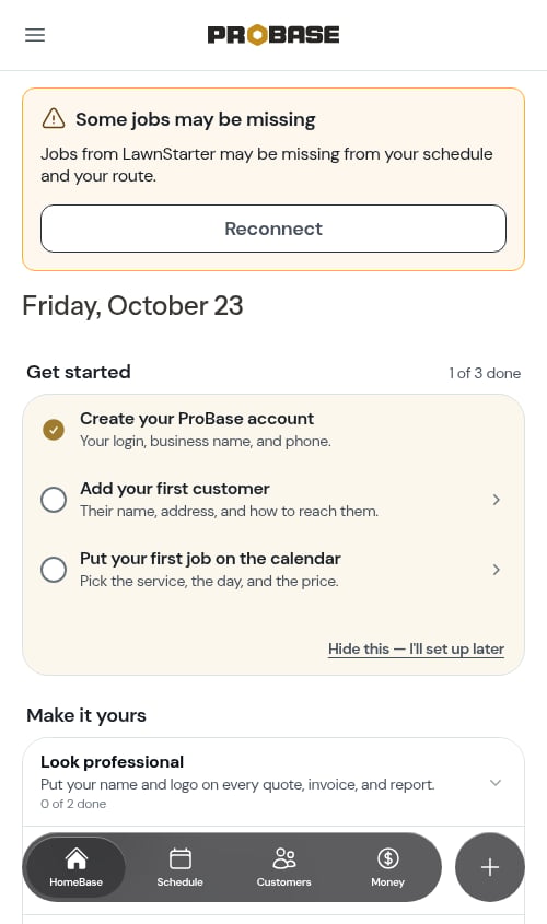The reconnect warning above the date on HomeBase