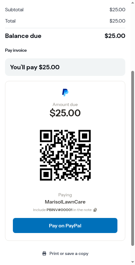 A customer invoice from a business that takes PayPal only
