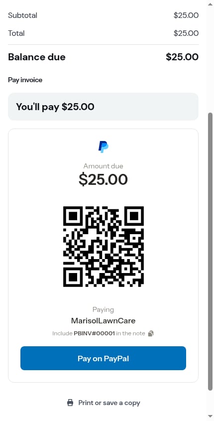 A customer invoice from a business that takes PayPal only