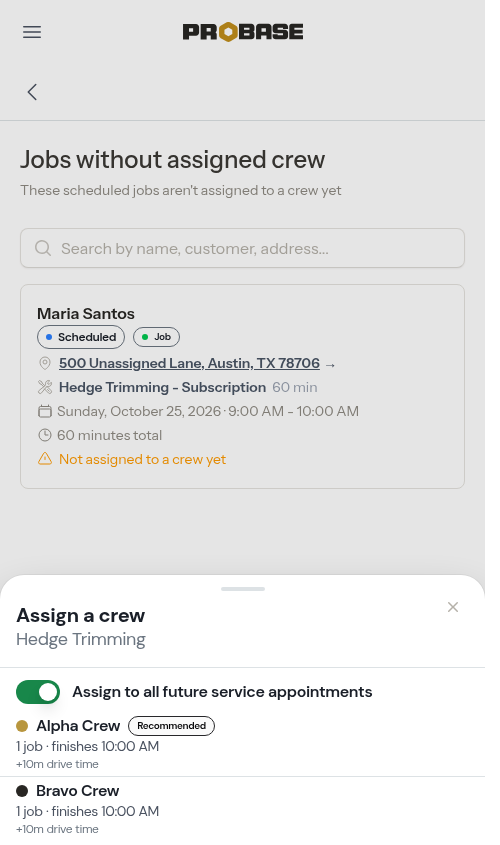The Recommended badge and each crew's drive time