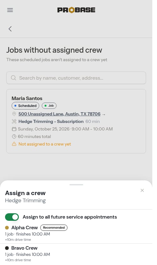The Recommended badge and each crew's drive time