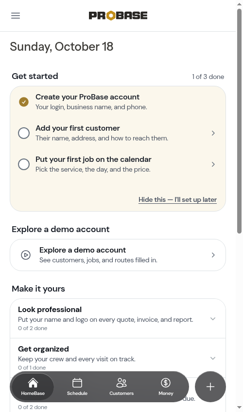 The Explore a demo account row on HomeBase