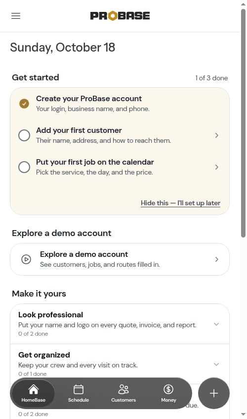 The Explore a demo account row on HomeBase
