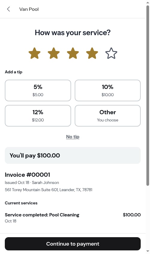 Customer review screen showing the pro's custom percentages