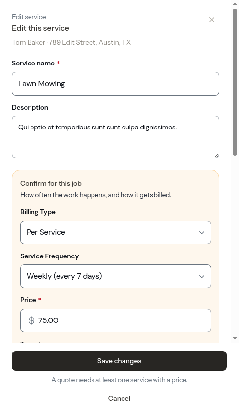 The service editor open on an existing service
