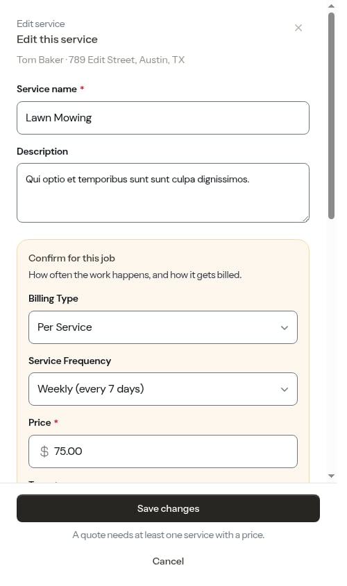 The service editor open on an existing service