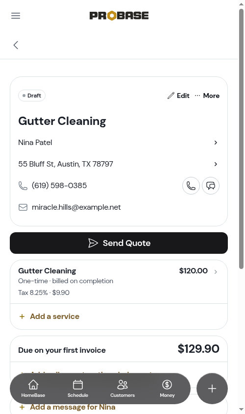 The services section on a quote