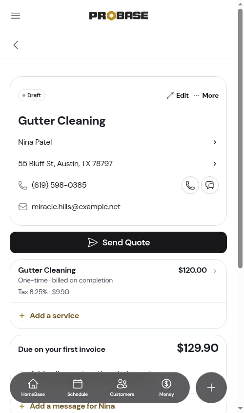 The services section on a quote