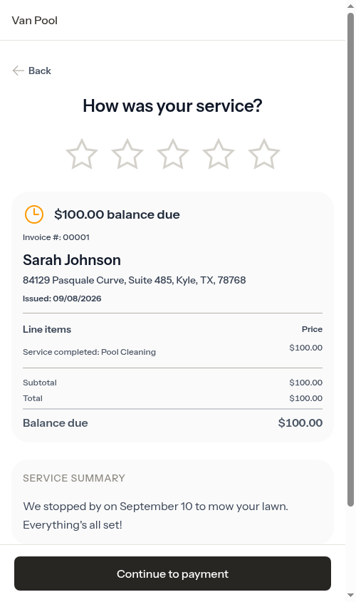 Service review screen with star rating
