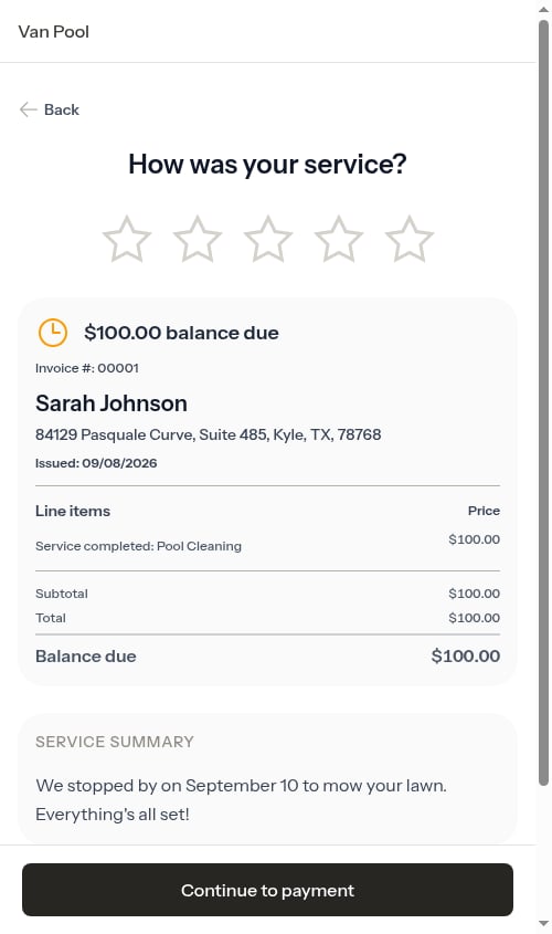 Service review screen with star rating