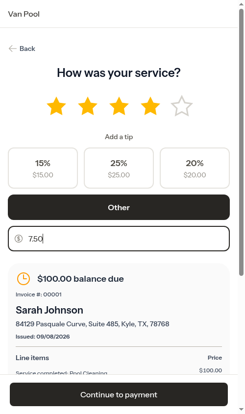 Custom tip amount entered