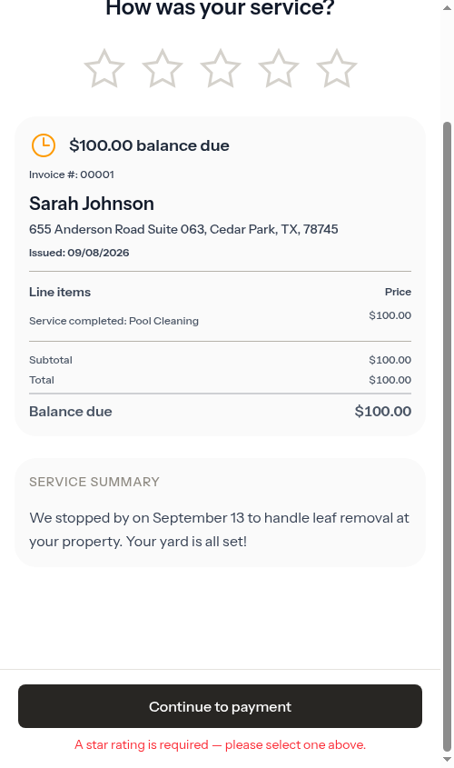The required-rating message under the Continue to payment button