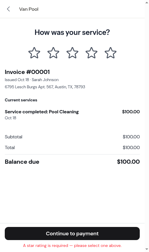 The required-rating message under the Continue to payment button