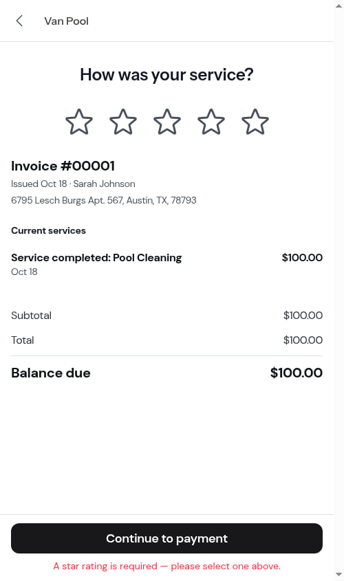 The required-rating message under the Continue to payment button