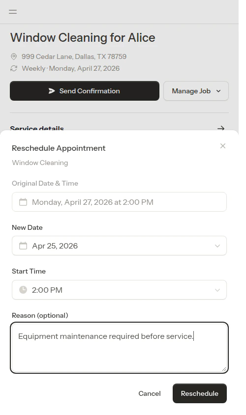 Reschedule form filled in