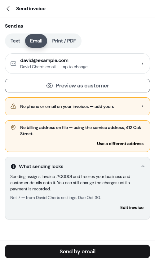 Email selected on the Send invoice screen