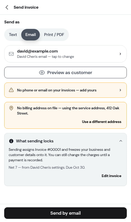 Email selected on the Send invoice screen