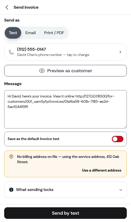 The Send invoice screen's Message box with the Save as default switch