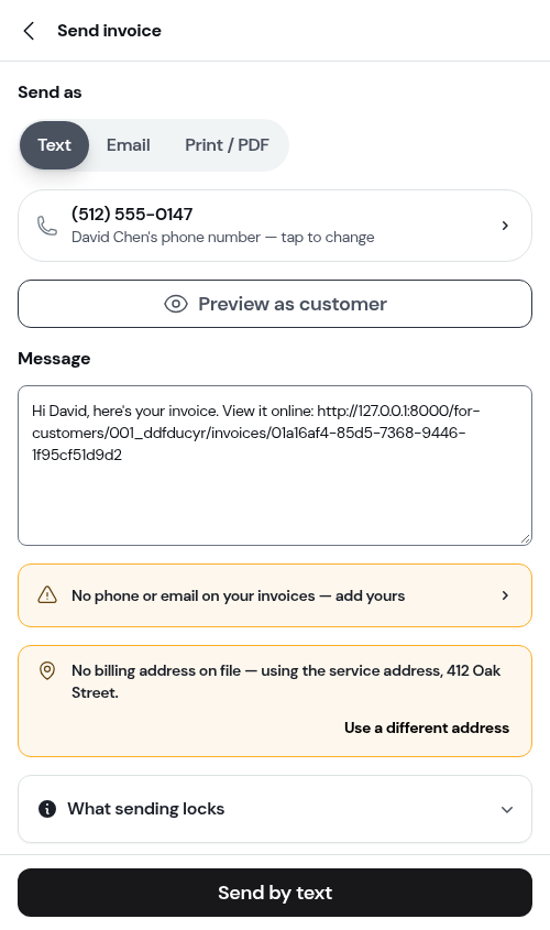 The Send invoice screen
