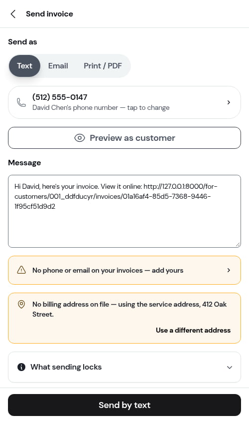 The Send invoice screen