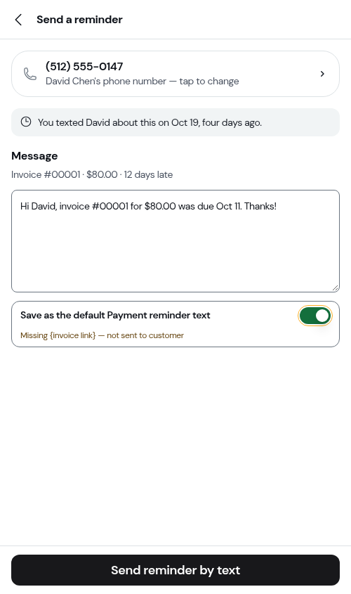 The reminder screen warning about a missing invoice link