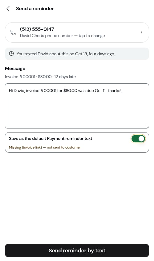 The reminder screen warning about a missing invoice link
