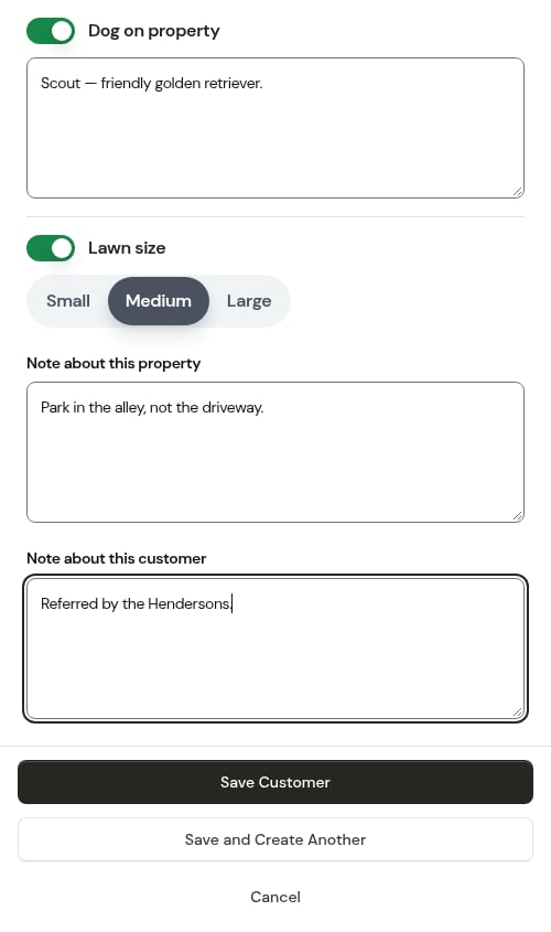 Both note boxes filled in on the customer form