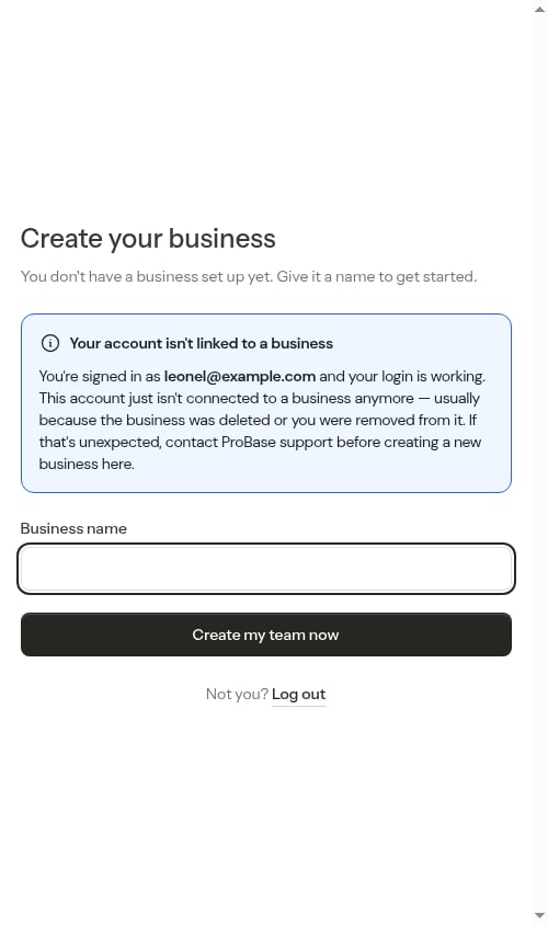The Create your business recovery screen explaining why an account has no business