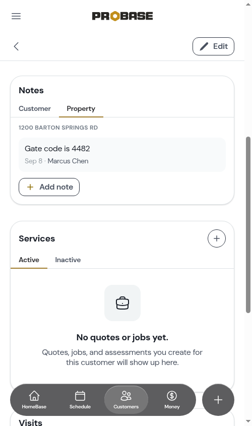 Notes card showing the Property tab, labelled with the address