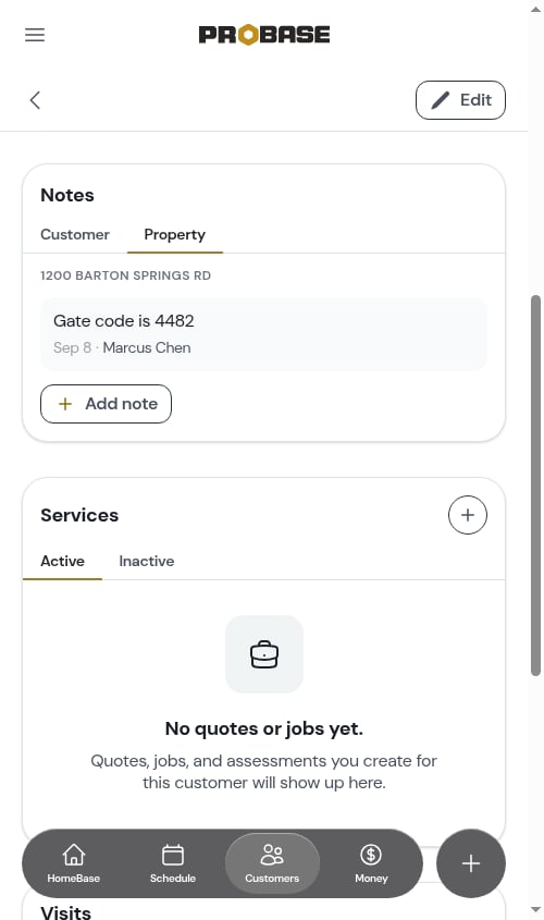 Notes card showing the Property tab, labelled with the address