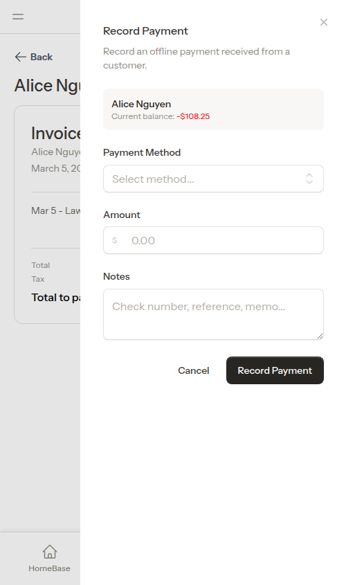 Record payment flyout