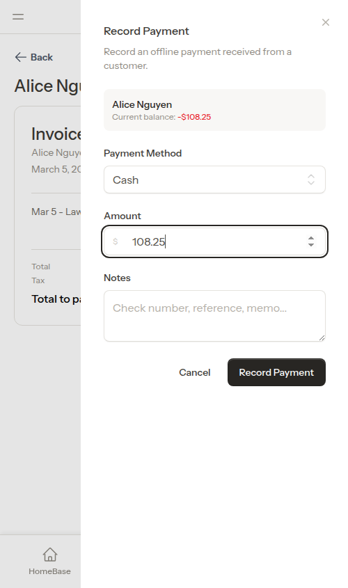 Record payment form filled