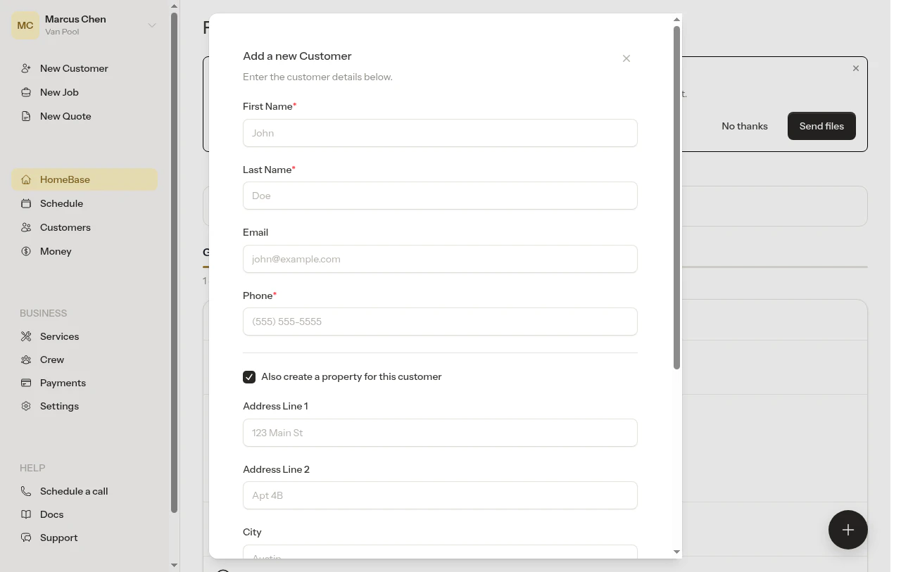 New Customer opens directly from the sidebar